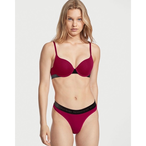 VICTORIA'S SECRET Logo Cotton Thong Panty - Velvet Claret Red - Picture 2 of 4